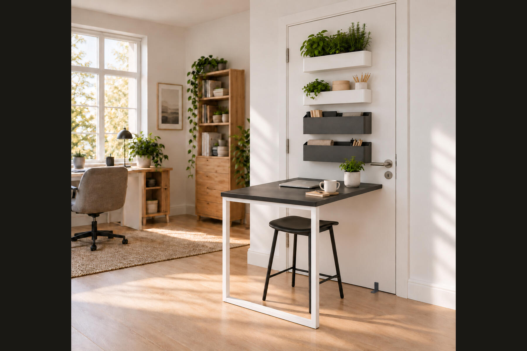 A desk carried on a closed door, its only leg at the far end.