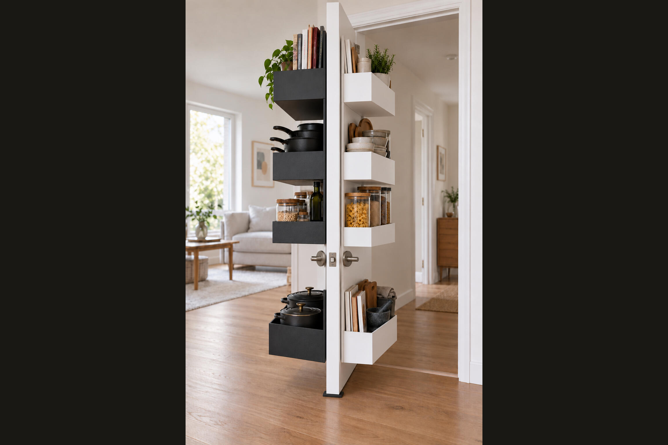 A door standing on its foot, both faces loaded with cookware, jars and books.