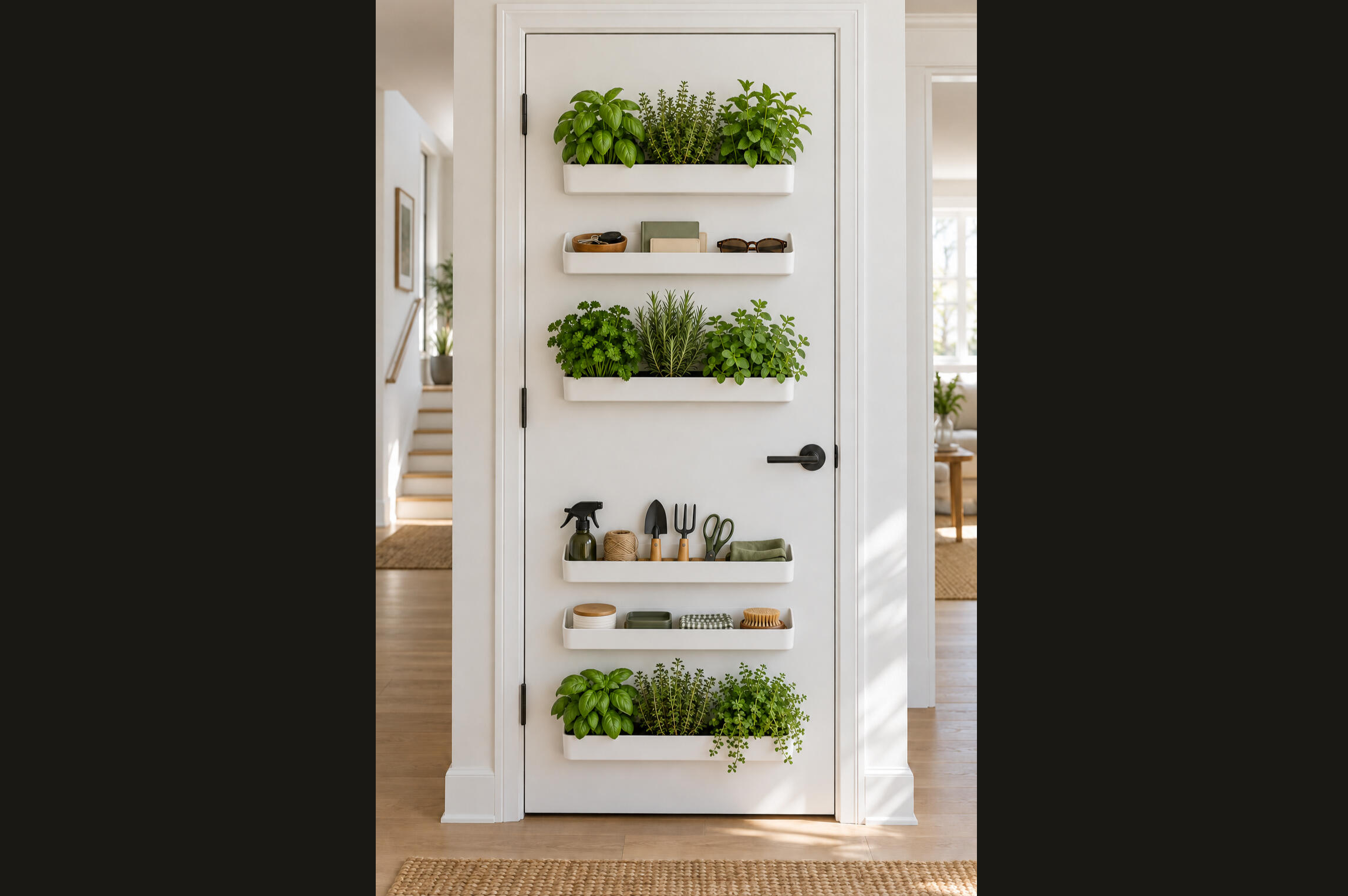 The back of the door carrying slim herb planters and trays